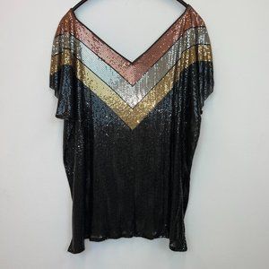 Vintage Women's Black and Gold Luxury Blouse Bronze and Silver Metal Size M